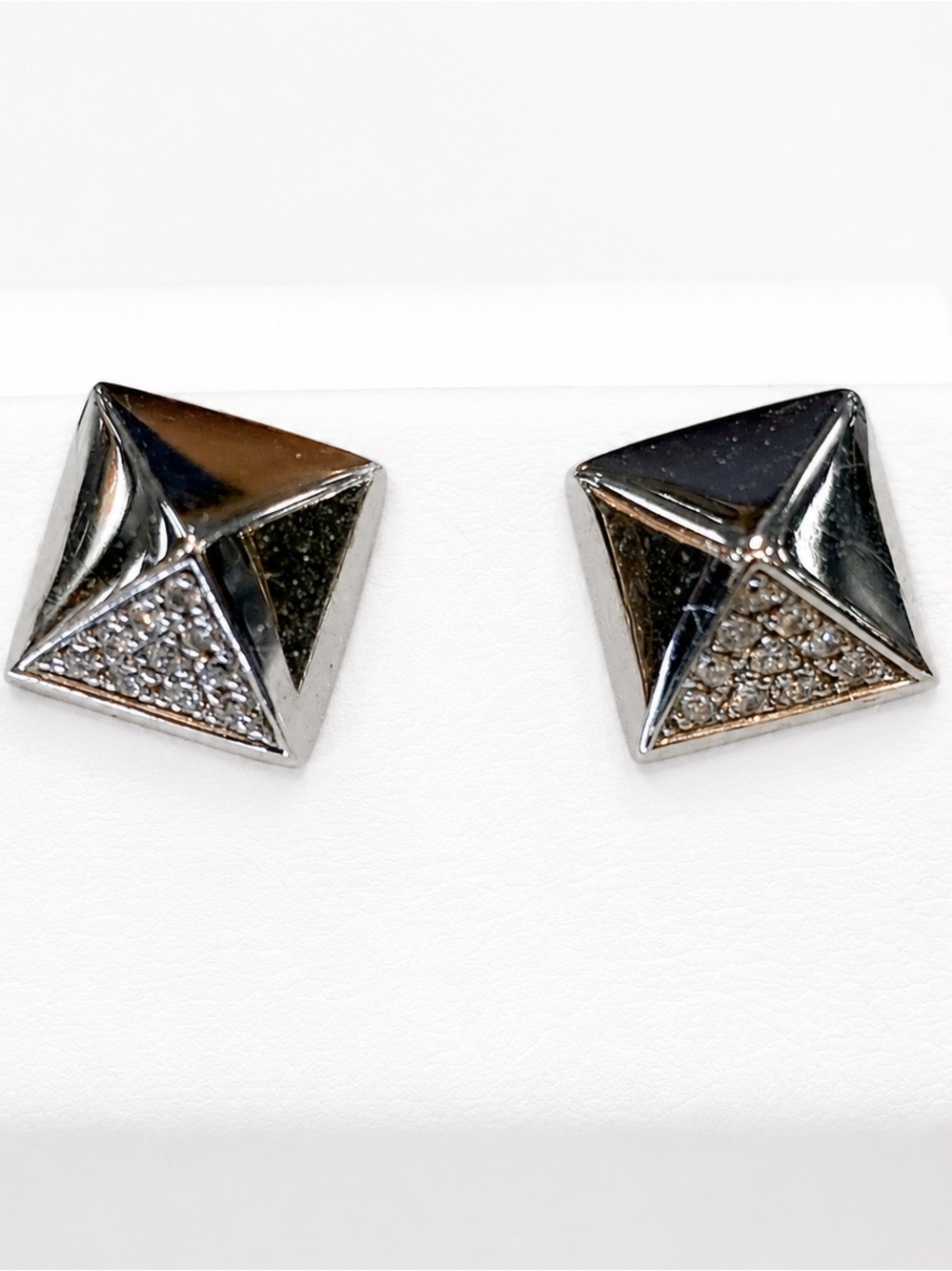 Luxury 14k White Gold Pavé Diamond Pyramid Stud Earrings | Fine Jewelry